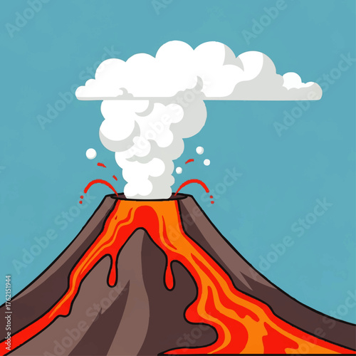 Illustration of a volcano erupting with lava and smoke against a blue sky