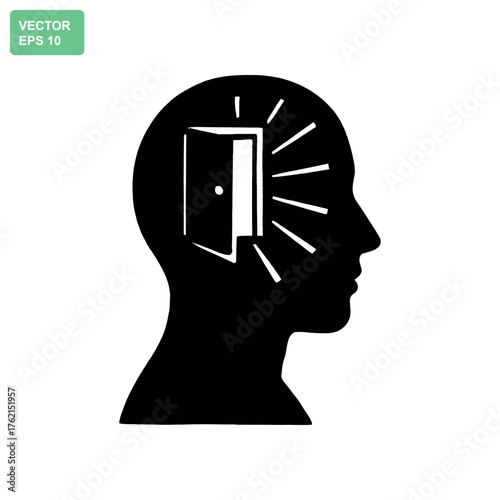 Conceptual mental breakthrough symbolized by an open door with light emerging from a head