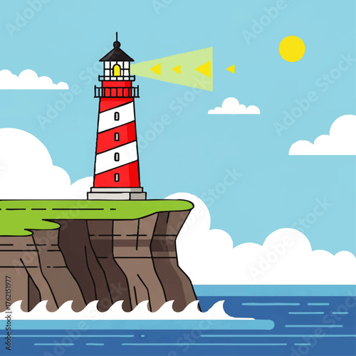Cartoon lighthouse on a cliff with a beam of light against a sunny sky with clouds