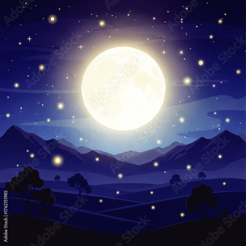 Illustration of a large moon shining over a mountainous landscape with stars in a dark blue night sky.