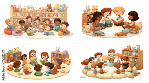 Cute cartoon illustration of diverse children reading books together in a cozy library. Warm colors and playful style, perfect for education, kindergarten, or storytelling projects.