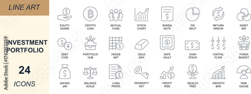 Investment portfolio line icon set with stock, bond, mutual fund, asset, equity, cash, crypto, and market symbols. Perfect for finance, apps, business, and branding.

