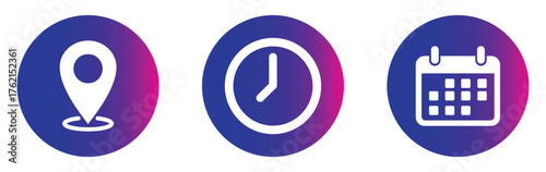 place, time and date icon set. position, clock and calendar symbol. business vector design. location, time and date icon for app, ui and website. vector illustration on transparent background