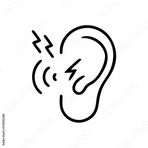 A minimalist line icon of an ear with lightning bolts, symbolizing earache, hearing problems, or loud noise. Ideal for blogs on audiology or health.