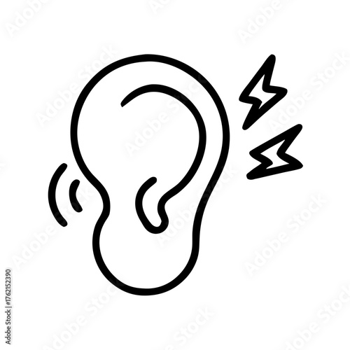 A minimalist line icon of an ear with lightning bolts, symbolizing earache, hearing problems, or loud noise. Ideal for blogs on audiology or health.
