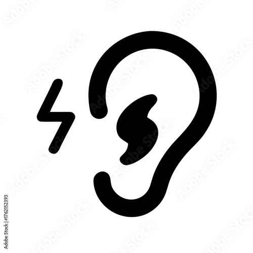 A clear icon of an ear with a lightning bolt, symbolizing ear pain, hearing issues, or loud noise. Ideal for audiology or health blogs.