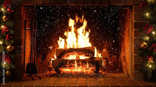 A warm, crackling fireplace with glowing embers, surrounded by festive holiday decorations and a gentle snowfall outside a window relaxation, sparkle, fireplace