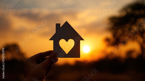 Dream Home Silhouette: a tender hand cradles a cut-out house shape featuring a heart, set against the backdrop of a radiant sunset, evoking feelings of warmth, safety, and the comfort of home.