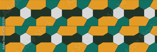 Repeating geometric pattern with hexagons and trapezoids in green yellow white and black color scheme