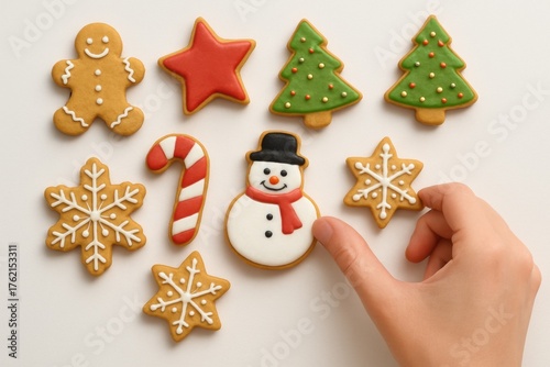 A person hand reaches for a festive assortment of decorated Christmas cookies, including gingerbread, snowflakes, and Christmas trees.