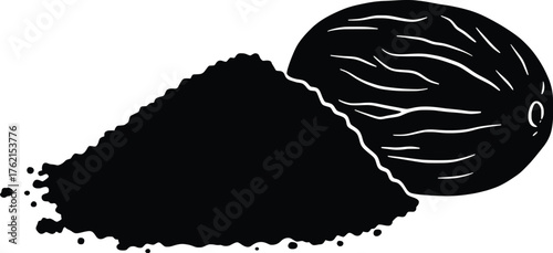 High resolution vector illustration of a nutmeg fruit and a pile of nutmeg powder; a highly detailed black silhouette vector drawing of a spice, condiment for cooking, culinary arts