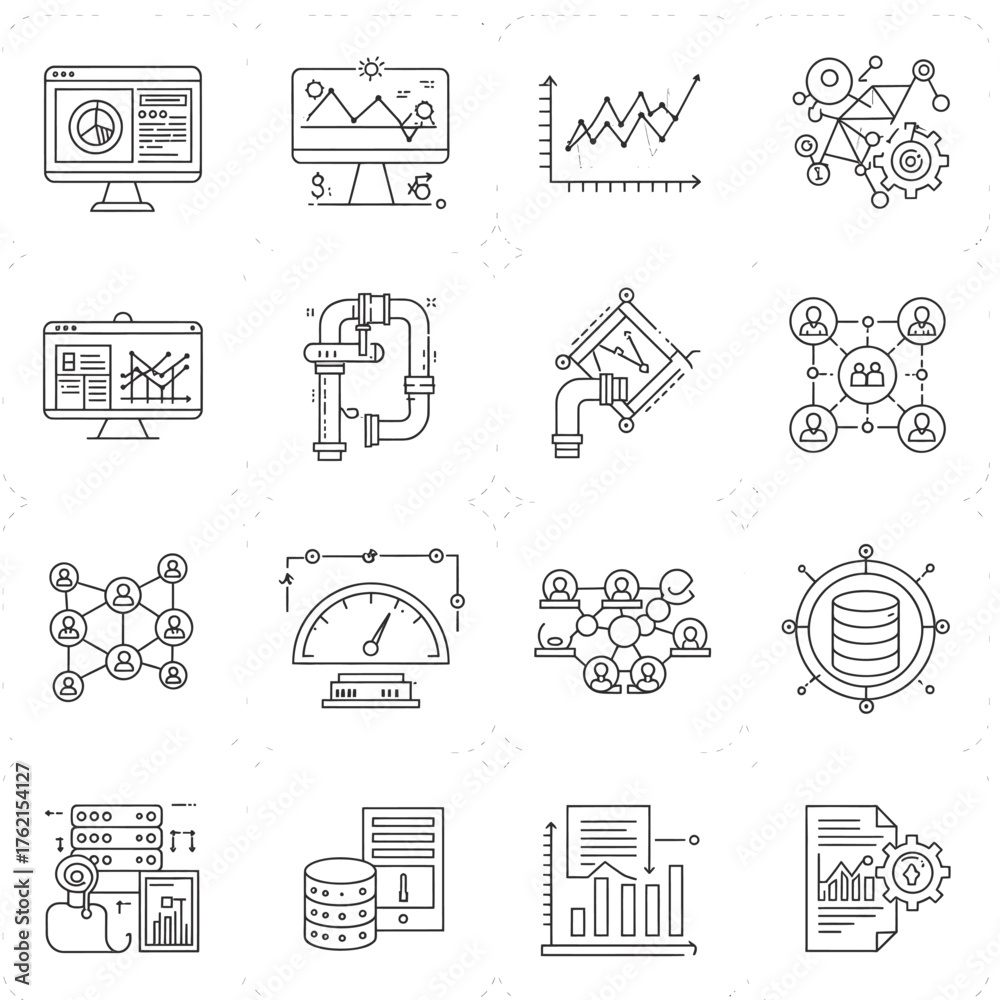 Fototapeta premium This extensive collection of modern line icons visually represents key concepts in data analytics, business intelligence, and digital technology infrastructure.