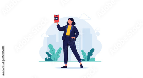 Woman in suit holding red object with sad face in front of city background illustration