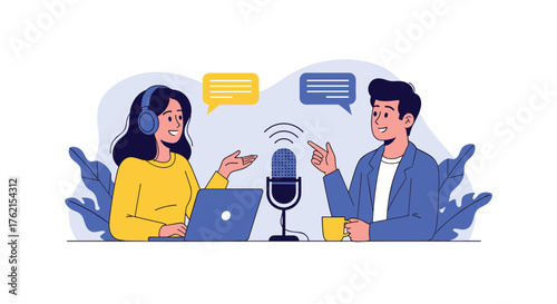 Illustration of a podcast recording with two people and a microphone setup