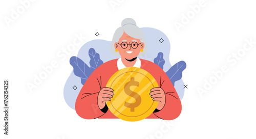 A smiling elderly woman holding a large gold coin with a dollar sign on it flat design