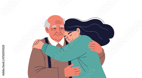 Illustration of a young woman embracing an elderly man with a loving expression