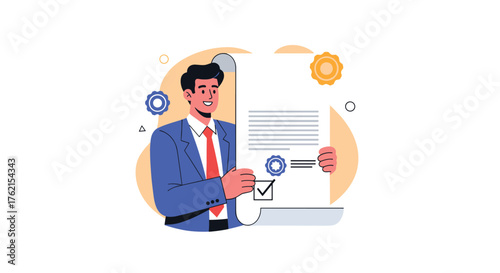 A man in a suit holding a large document with a checkmark and a seal of approval