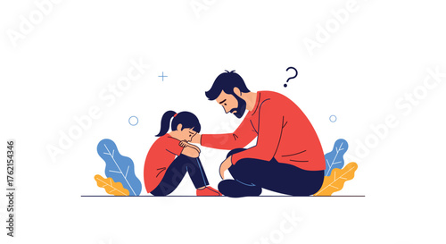 Illustration of a concerned father comforting his sad daughter with a question mark