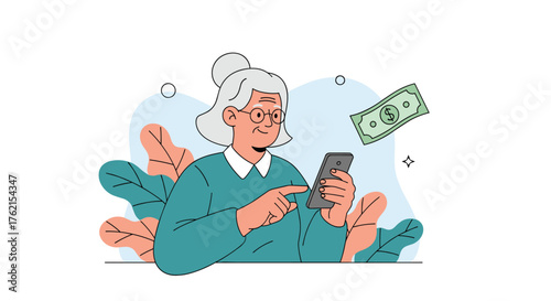 Illustration of an elderly woman using a smartphone with money floating nearby