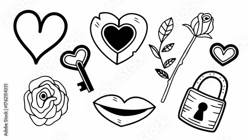 Doodle love symbols set hearts cupid arrow rose key lock lips vector illustration