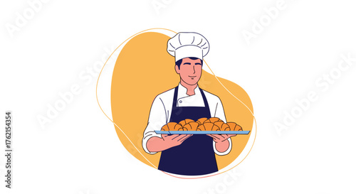 A baker with a white chef's hat holding a tray full of freshly baked croissants