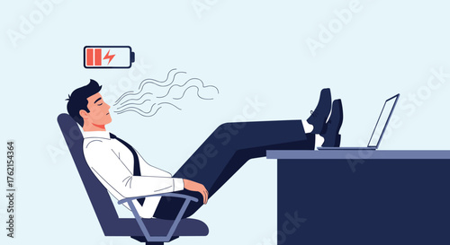 Exhausted businessman sleeping in chair with feet on desk and low battery indicator