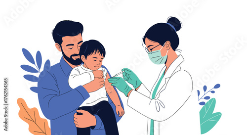 Doctor administering vaccine to child held by father with foliage decorations around