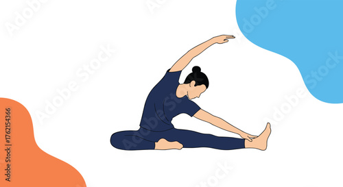 Woman in blue sportswear sitting and stretching with orange and blue color blobs
