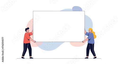 Two people holding a large blank white rectangular sign against abstract background