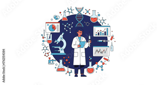 Illustration of scientist in lab coat with medical and scientific elements around