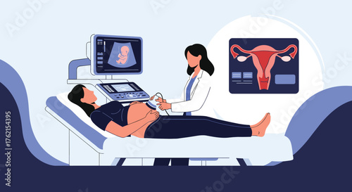 A pregnant woman receiving an ultrasound from a doctor in a medical examination room