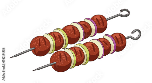 Two skewers with meat balls and onion slices on a white background illustration