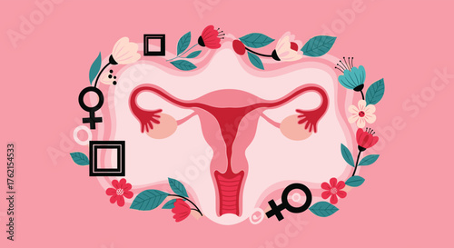 Illustration of uterus with floral wreath, female symbols and square icons around it