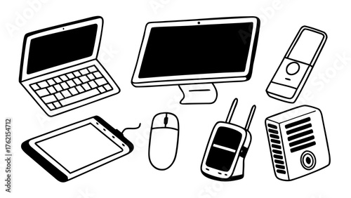 Doodle set of 10 tech gadgets including smartphone tablet laptop computer mouse