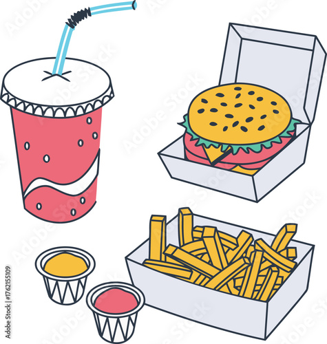 Classic fast food meal burger fries drink and sauces isolated on white for a wholesome visual