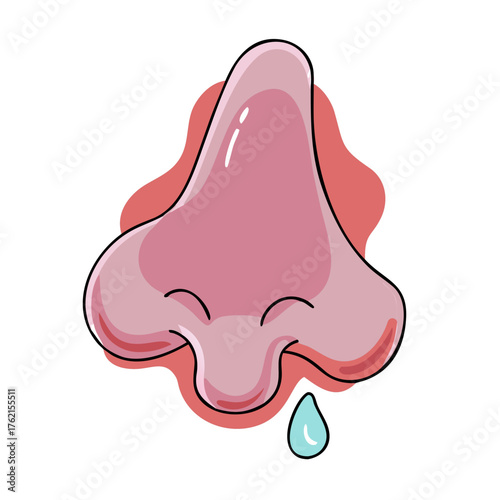 A cartoon illustration of a red, runny nose with a dripping droplet, symbolizing a cold or allergies. Ideal for blogs on health, sickness, or allergy relief.