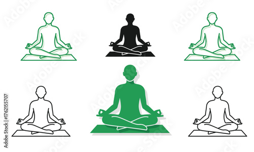 Set of Six Yoga Meditation Icons. Person in Lotus Position (Padmasana) on Mat, Silhouettes and Line Art for Wellness, Peace, and Health Concepts.