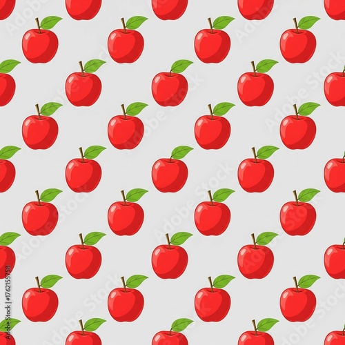 Seamless Pattern of Red Apples with Green Leaves on a Light Gray Background