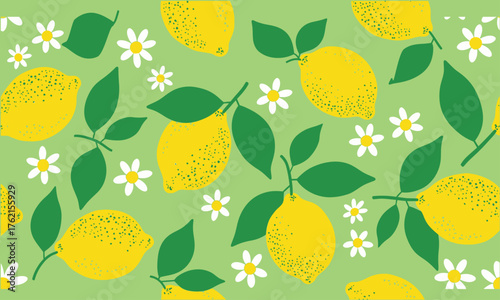 Lemon Blossom Pattern, Citrus Fruit, Green Leaves, Daisy Flowers, Spring Summer Background, Fresh Organic Food, Zesty Healthy Ingredient