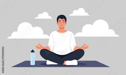 Young Man Meditating in Lotus Position on Yoga Mat with Water Bottle and Clouds - Mindfulness, Mental Health, Stress Relief, and Balance Vector Illustration