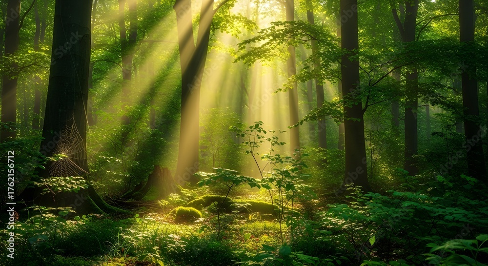 Obraz premium “Sunlight Streaming Through Lush Green Forest – Tranquil Nature Scene with Tall Trees and Mossy Undergrowth”