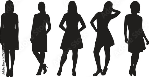Women in Dress Vector Silhouette Set. Fashionable Female Figures in Short Dresses for Lifestyle, Clothing, and Body Shape Design.