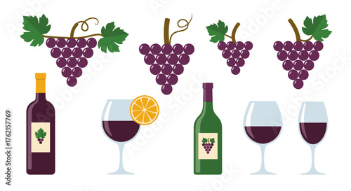 Elegant wine bottles and glasses with fresh grapes, perfect for vineyard promotions