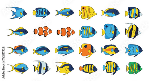 Colorful collection of vibrant tropical fish swimming in a coral reef environment