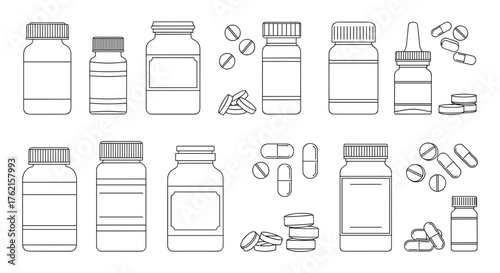 Medical bottles and pills arrangement, perfect for healthcare, pharmacy, and wellness designs