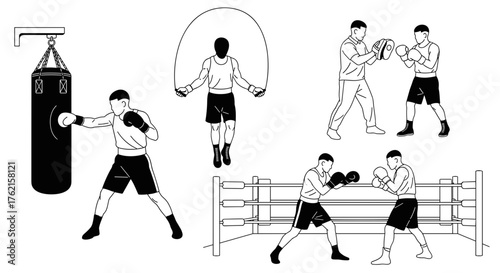 Boxers training hard with punching bag, jump rope, and sparring in boxing ring