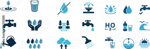 Collection of Water Themed Icons Showcasing Conservation and Usage Concepts for Modern Design Applic
