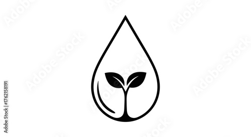 Minimalist water drop logo with growing plant symbolizing nature, growth, and eco-friendliness