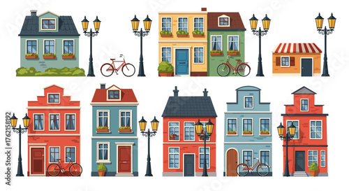Charming colorful European townhouses with bicycles and street lamps, perfect for travel concepts