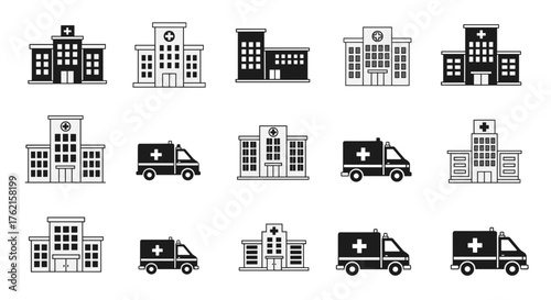 Medical clinic and ambulance icons representing healthcare and emergency services